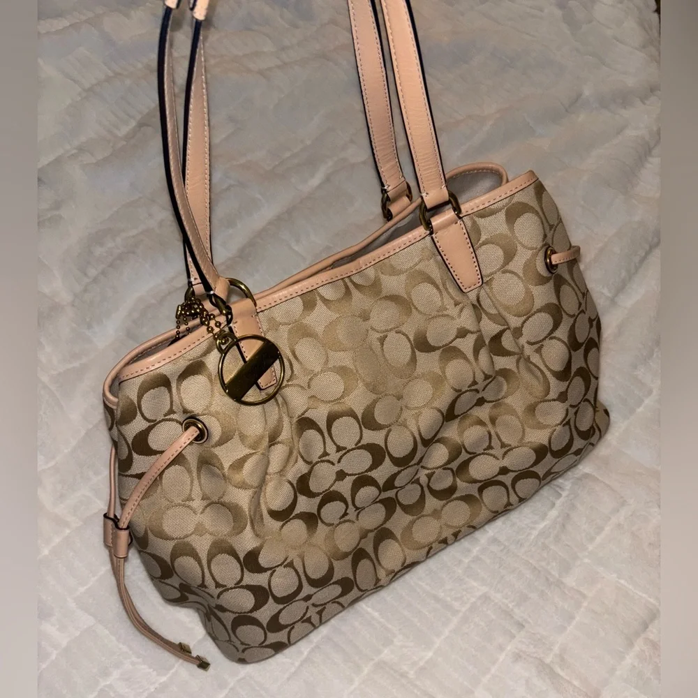 Coach Signature Khaki Tan with Green Stripe Drawstring Carryall (F28501) - Picture 3 of 10